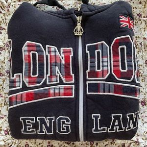 Navy and Plaid London England Zip Up Hoodie